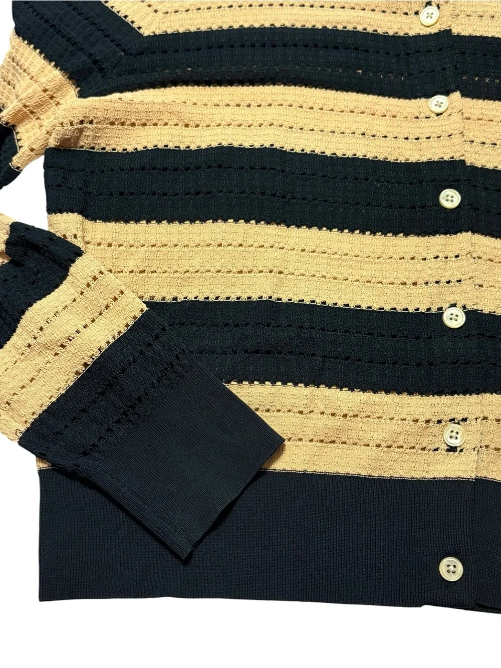 J. Crew Pointelle Stitch Cardigan in Stripe Size Large Tan Black Workwear Office